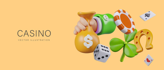 Commercial poster for online casino. Invitation to play online. Hand holds bag of money
