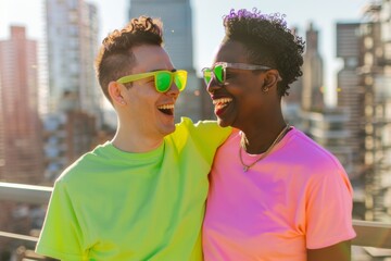 Joyful gay couple in vibrant neon clothes sharing a laugh on a sunny balcony