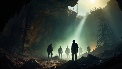Silhouettes of explorers venture into the expansive depths of a sunlit cavern, showcasing the scale and mystery of their subterranean exploration.. AI Generation