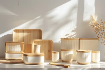 Eco-friendly bamboo kitchen containers on a sunny countertop