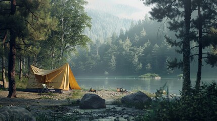 small orange tent is set up in forest by river. Camping concept - obrazy, fototapety, plakaty