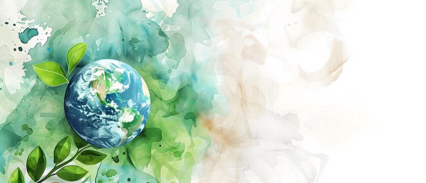 planet earth watercolor illustration with copy space, earth day concept april 22