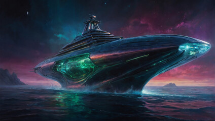 A stygian opulent quantum cruiser drifts through an ethereal sea of swirling colors, its sleek metallic hull gleaming with an otherworldly sheen.