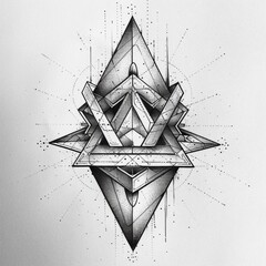 Stylized line art illustration of a three-dimensional polyhedron or crystal tattoo design - obrazy, fototapety, plakaty