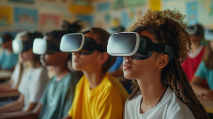 Diverse Students Learning Through Virtual Reality. Diverse group of young students in a brightly colored classroom engaged with VR technology for an interactive learning experience.