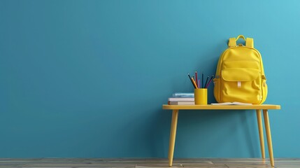 Construct a backdrop featuring yellow school supplies and decorations, including backpacks, rulers,...
