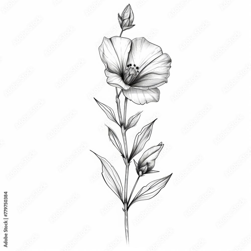 Wall mural detailed line art illustration of a single, delicate flower or plant tattoo design