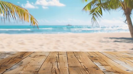 Fototapeta premium wooden table summer beach background, vacation and holiday product concept