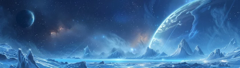 Zelfklevend Fotobehang Ganymedes icy landscape under a cosmic sky © WARIT_S