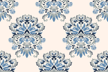 Damask Ikat floral seamless pattern on white background vector illustration.Ikat texture fabric.