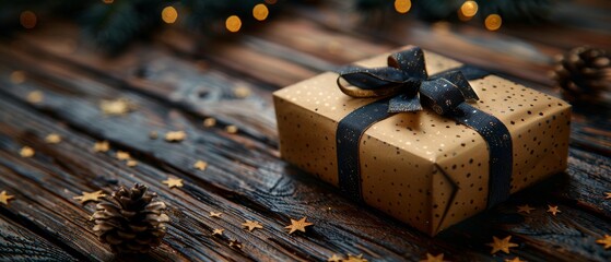 The background is decorated with a vintage gift box on wooden planks. New Year winter holiday concept. Empty space for text or photo. - obrazy, fototapety, plakaty