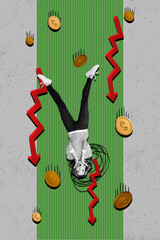 Vertical photo collage of shocked girl upside down fall arrow down problem bankrupt coin decline...
