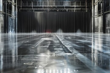 Reflective Flooring on Empty Stage, Dramatic Industrial Setting