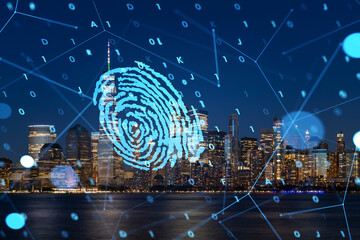 New York City skyline at night with a holographic fingerprint overlay, representing security and technology concepts on an urban background. Double exposure