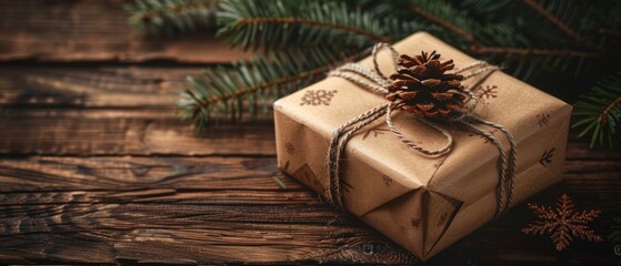 The Christmas background design features a gift box and kraft eco paper in a vintage style on wooden planks. It also features an empty space for a photo or text. Copy space is also present. - obrazy, fototapety, plakaty