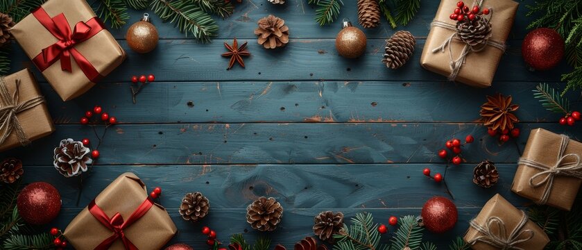 Vintage wooden planks with gift boxes and multiple empty photo frames in Christmas style. New Year winter holidays concept. Empty space for picture. Copy space. Top view. Web banner.