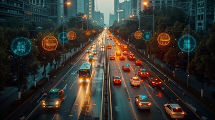 Futuristic Traffic Lights Over Urban Street. Urban street at dusk featuring futuristic, illuminated...