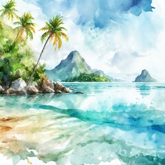Namalowany krajobraz wyspa tropikalna ilustracja - obrazy, fototapety, plakaty