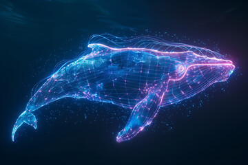 Glowing wireframe visualization of a majestic whale against a translucent background, evoking underwater serenity and awe - obrazy, fototapety, plakaty