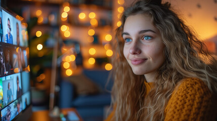 a woman sitting at a computer. She is on zoom and the screen show boxes with images of other people in a meeting