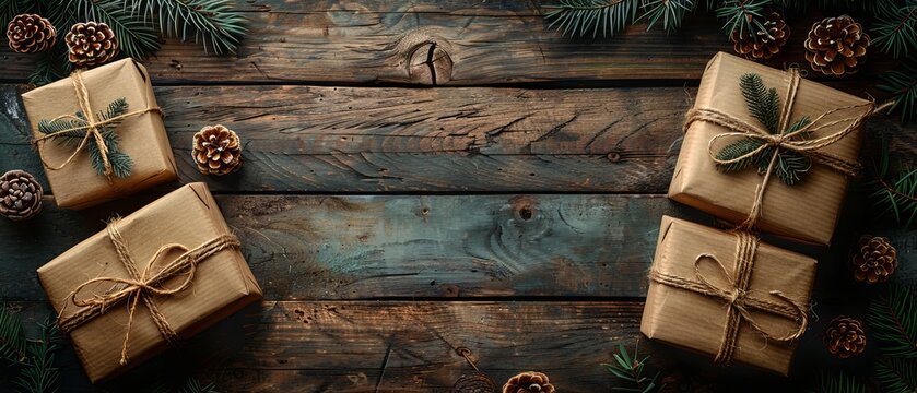 A Christmas background with two empty photo frames in vintage style on wooden planks. A New Year winter holiday concept. Copy space. A top view. A web banner.