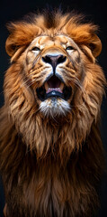 Fototapeta premium Close-up photo of angry lion wide open mouth isolated on black background