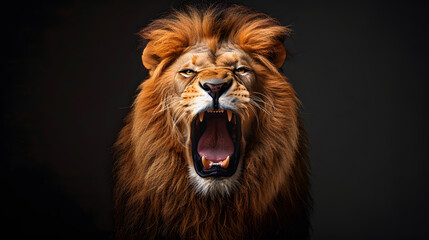 Close-up photo of angry lion wide open mouth isolated on black background