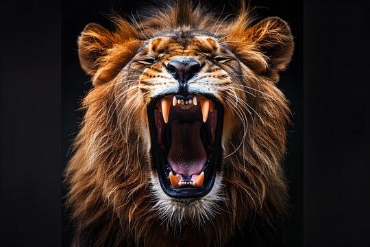 Close-up photo of angry lion wide open mouth isolated on black background