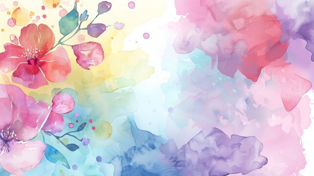 Luminous watercolor painting of pink and yellow blooms against a blue gradient. Artistic illustration with space for text.
