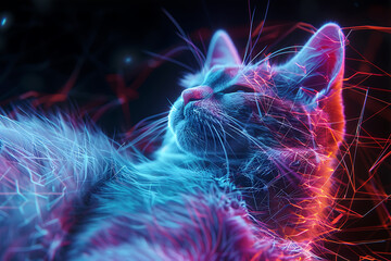 Glowing wireframe visualization of a serene cat against a translucent background, exuding grace and tranquility