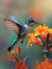 Fototapeta premium hummingbird hovering near a brightly colored flower, its iridescent feathers shimmering in the sunlight