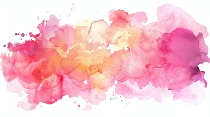 Abstract watercolor splash background. Pink and orange watercolor splotches with splatters on a white background. Artistic background or texture concept with copy space.