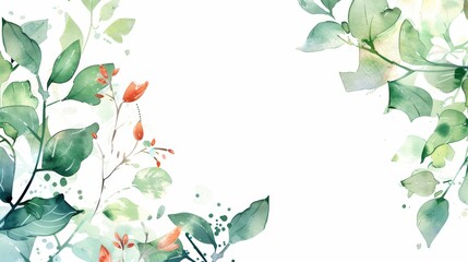 Elegant watercolor leaves and buds with delicate splashes on a clean background. Botanical border concept with copy space for design and print. Natural green foliage illustration. - obrazy, fototapety, plakaty