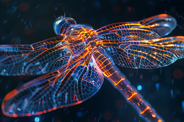 Glowing wireframe visualization of a graceful dragonfly against a translucent backdrop, showcasing intricate beauty and ethereal char - obrazy, fototapety, plakaty