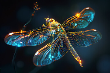 Glowing wireframe visualization of a graceful dragonfly against a translucent backdrop, showcasing intricate beauty and ethereal char