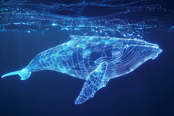 Glowing wireframe visualization of a majestic whale against a translucent background, evoking underwater serenity and awe - obrazy, fototapety, plakaty