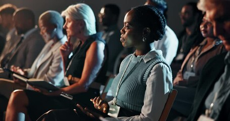 People, audience and tablet for conference seminar or learning online notes at workshop, training, convention. Business, colleagues and diversity tradeshow for international team, group or teaching