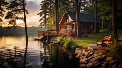 Obraz premium A quaint and lovely cabin on the edge of a peaceful lake with a boat and a dock