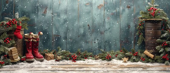 An old-fashioned Christmas banner with photo frames, spruce branches, a gift box, Santa Claus boots, gloves, and scrolls on a shabby boards background... - obrazy, fototapety, plakaty