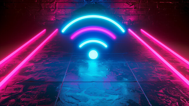 A neon sign of a wifi symbol with pink and blue lights. The sign is on a dark surface