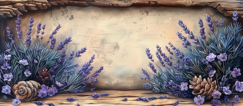 A beautiful painting of purple lavender flowers and pine cones displayed on a wooden table, capturing the essence of a natural landscape