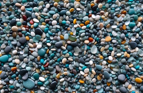 striking arrangement of variously shaped and colored polished stones. concepts: texture catalog, wellness and spa theme, beach or riverbank, background for website, presentation or digital content.