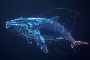 Glowing wireframe visualization of a majestic whale against a translucent background, evoking underwater serenity and awe