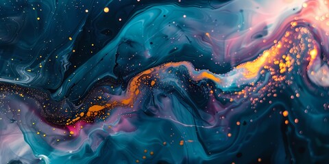 Glittering specks of light illuminate the vibrant canvas, enhancing the allure of this mesmerizing marble ink abstract scene.