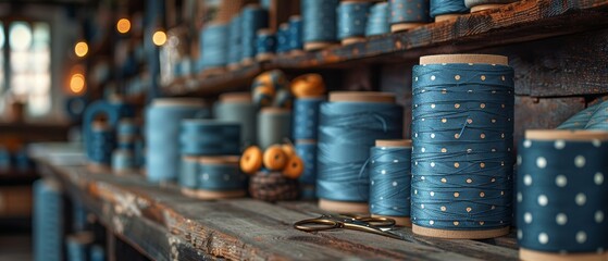 Set of wooden sewing and needlework materials including polka-dot cloth, ribbons, buttons, scissors, and a reel of thread. - obrazy, fototapety, plakaty