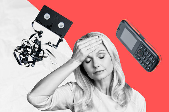 Composite collage picture of black white effect unsatisfied grandmother cellphone video cassette tape isolated on creative background