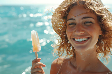 Pretty smiling woman in hat eating an ice lolly on the beach during summer.