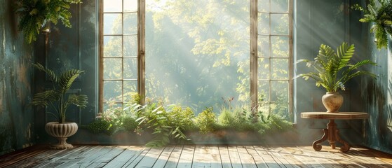 An interior shot of a room with a window frame and wood table in Shabby Chic style. A sunny spring or summer day with green trees outside. An empty space for your decoration or advertising.