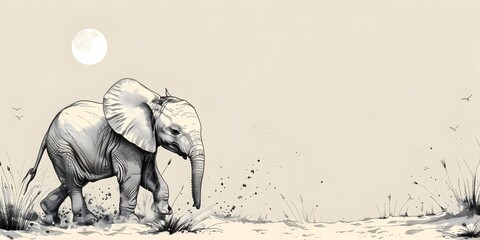 Fototapeta premium Curious Baby Elephant Embarking on First Exploratory Steps in Serene Savanna Landscape
