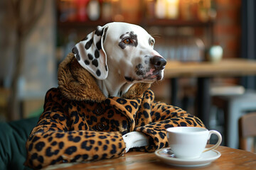 Dalmatian dog dressed in a leopard fur coat pretending to drink coffee in a coffee shop.